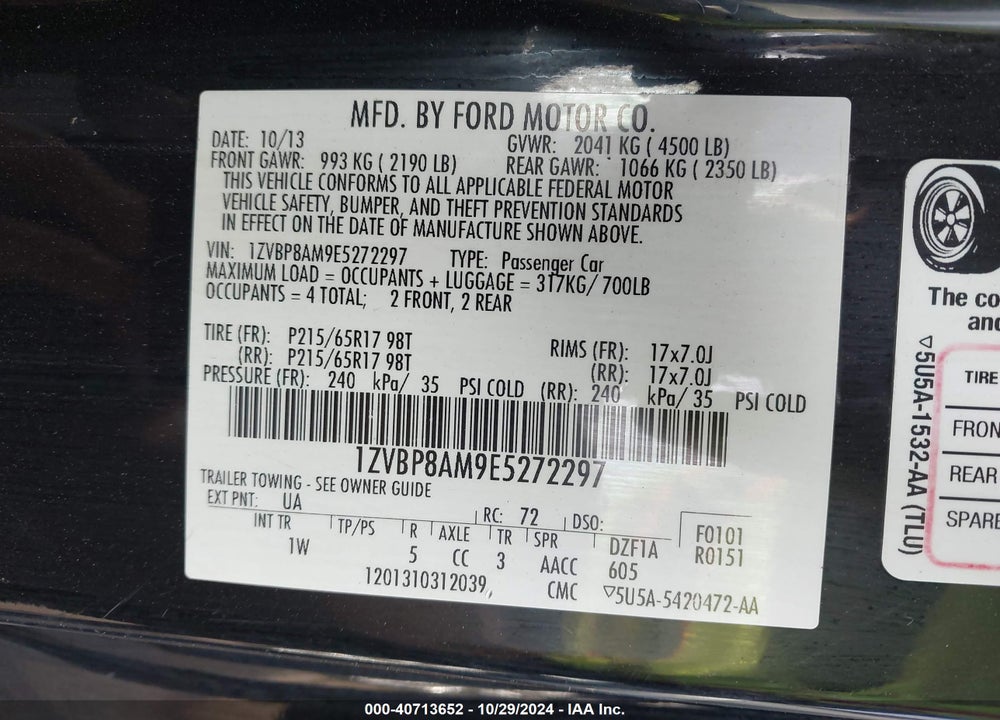 2014 FORD MUSTANG V6 VIN: 1ZVBP8AM9E5272297