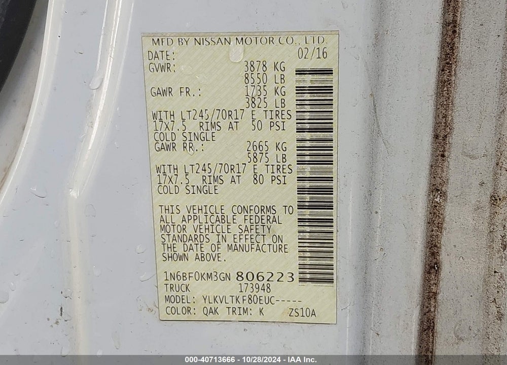 2016 NISSAN NV CARGO NV1500 S V6/SV V6 VIN: 1N6BF0KM3GN806223