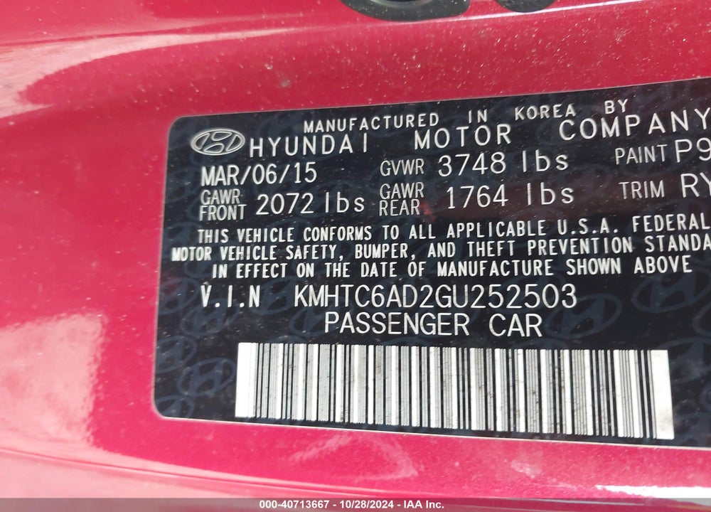 2016 HYUNDAI VELOSTER VIN: KMHTC6AD2GU252503