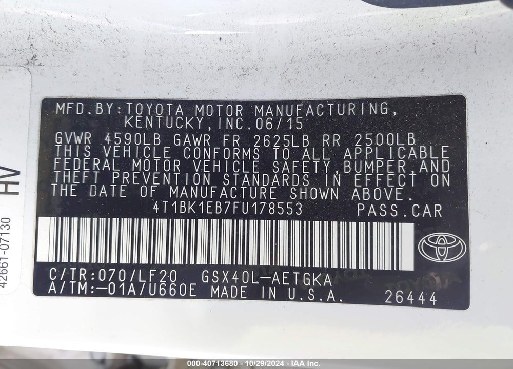 2015 TOYOTA AVALON XLE PREMIUM VIN: 4T1BK1EB7FU178553