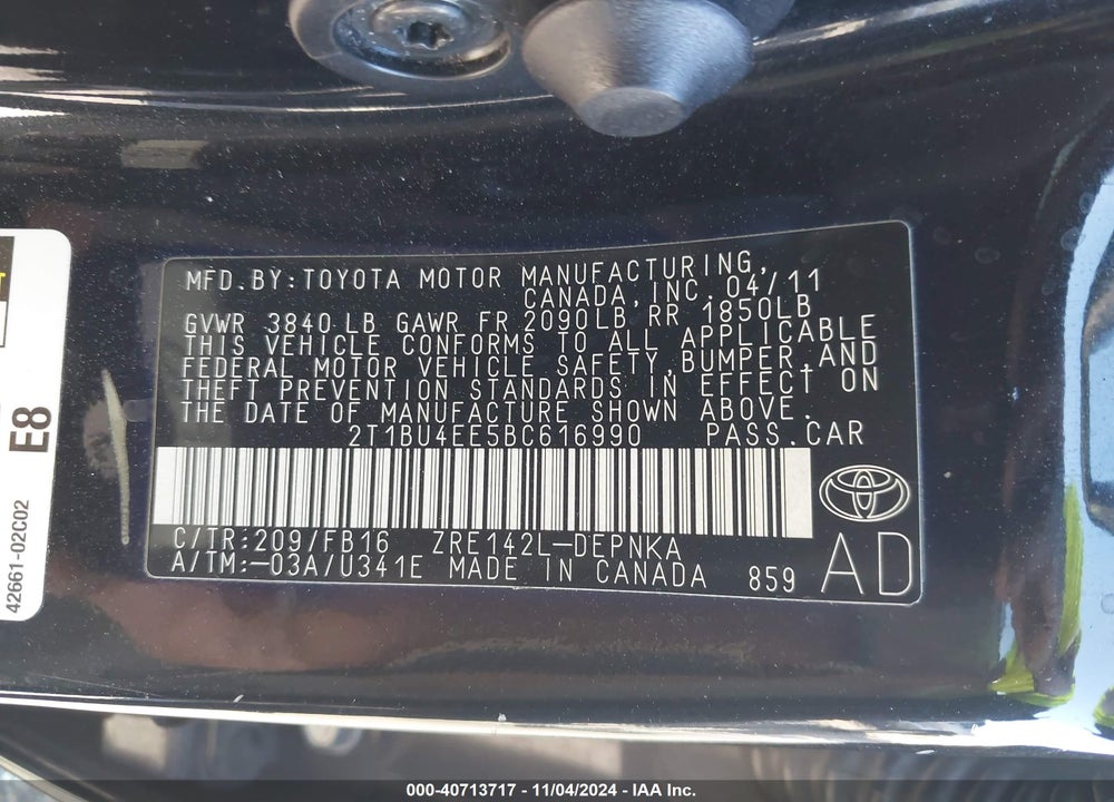 2011 TOYOTA COROLLA LE VIN: 2T1BU4EE5BC616990