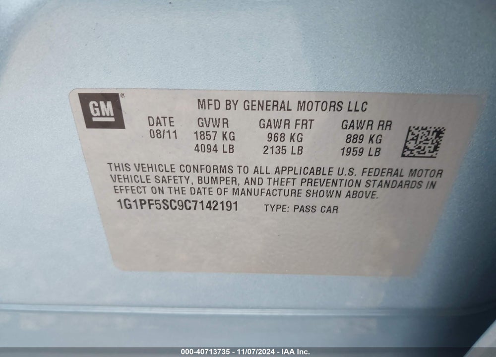 2012 CHEVROLET CRUZE 1LT VIN: 1G1PF5SC9C7142191