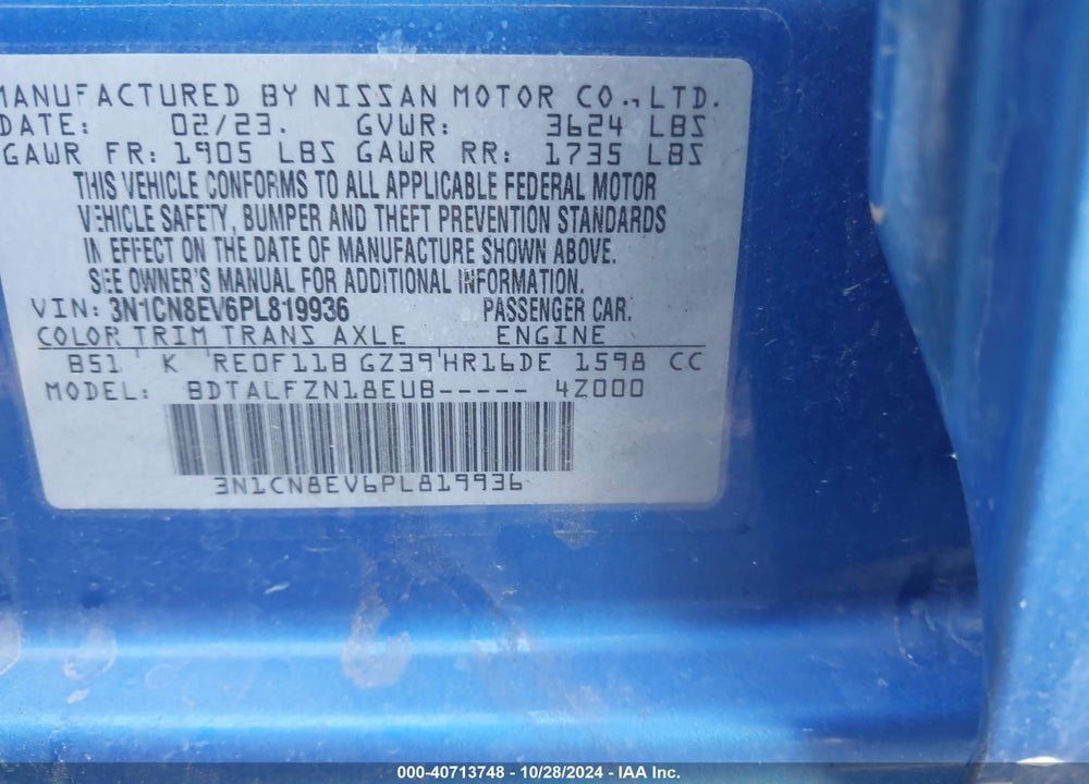 2023 NISSAN VERSA 1.6 SV XTRONIC CVT VIN: 3N1CN8EV6PL819936