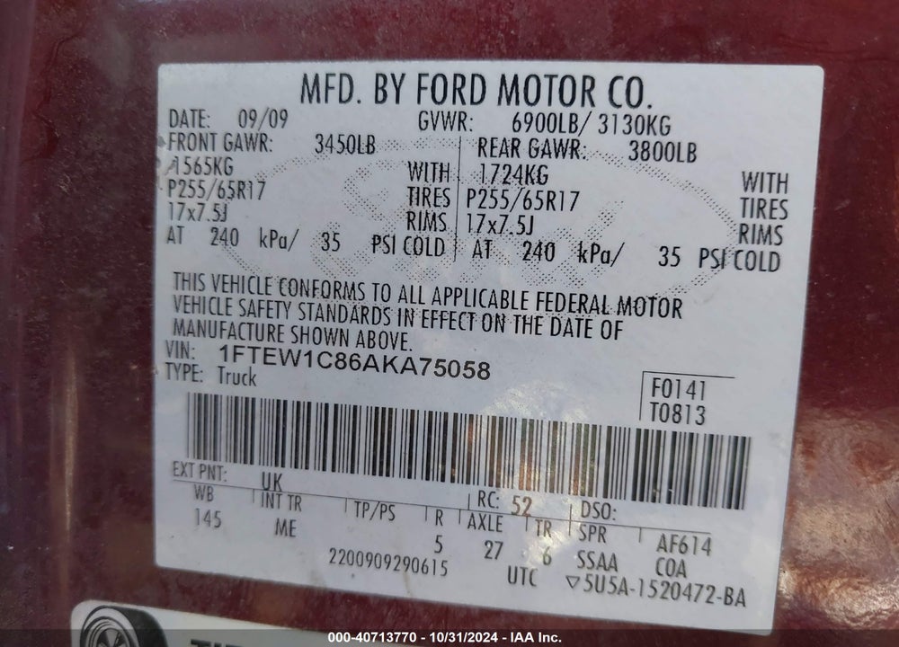 2010 FORD F-150 FX2 SPORT/XL/XLT VIN: 1FTEW1C86AKA75058