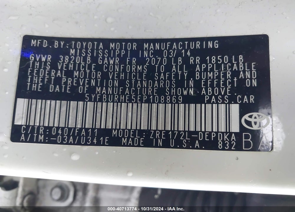 2014 TOYOTA COROLLA L VIN: 5YFBURHE5EP108869