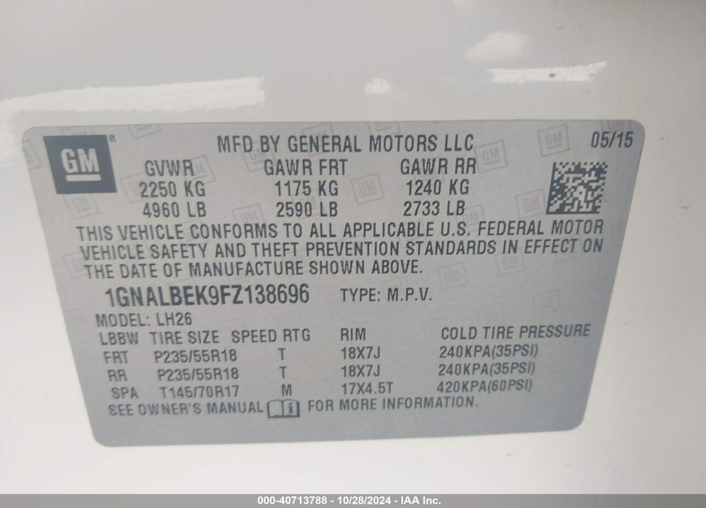 2015 CHEVROLET EQUINOX 1LT VIN: 1GNALBEK9FZ138696