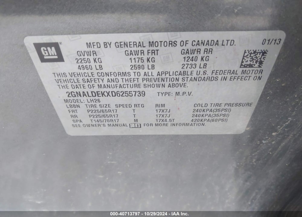 2013 CHEVROLET EQUINOX 1LT VIN: 2GNALDEKXD6255739