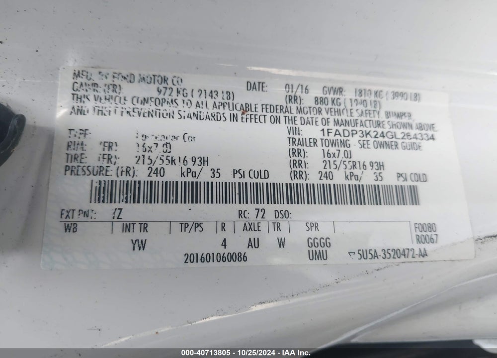 2016 FORD FOCUS SE VIN: 1FADP3K24GL264334