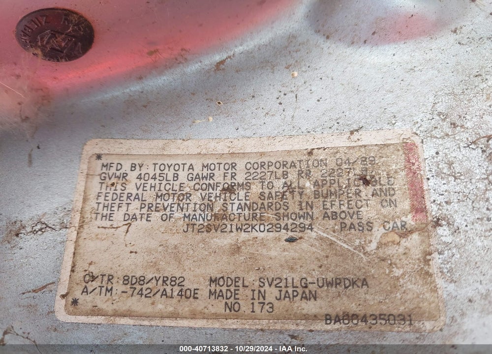 1989 TOYOTA CAMRY DLX VIN: JT2SV21W2K0294294