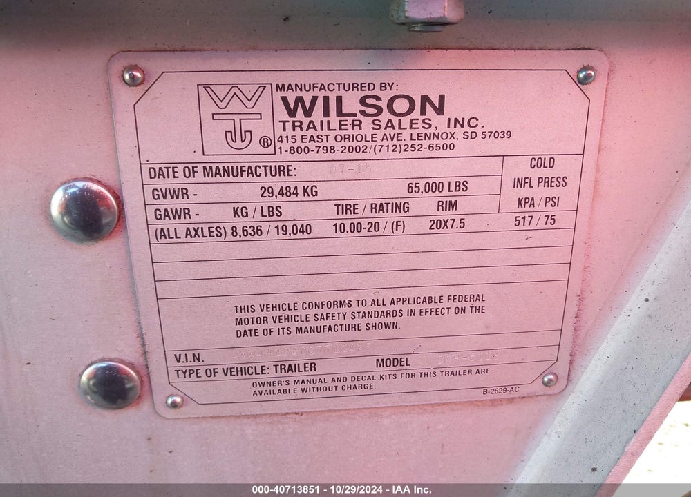 2016 WILSON TRAILER CO TRAILER VIN: 4WW4412A0G7711425