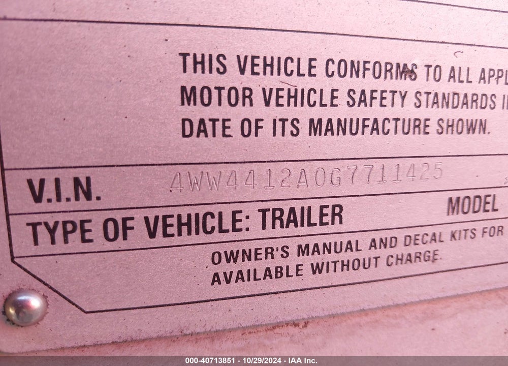 2016 WILSON TRAILER CO TRAILER VIN: 4WW4412A0G7711425