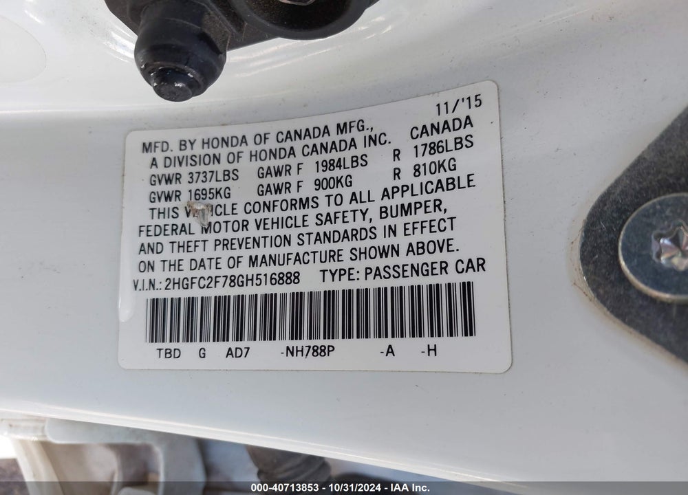 2016 HONDA CIVIC EX VIN: 2HGFC2F78GH516888