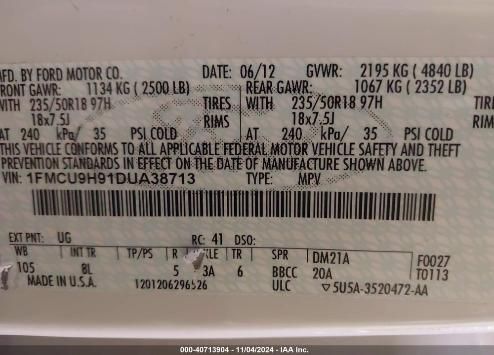 2013 FORD ESCAPE SEL VIN: 1FMCU9H91DUA38713