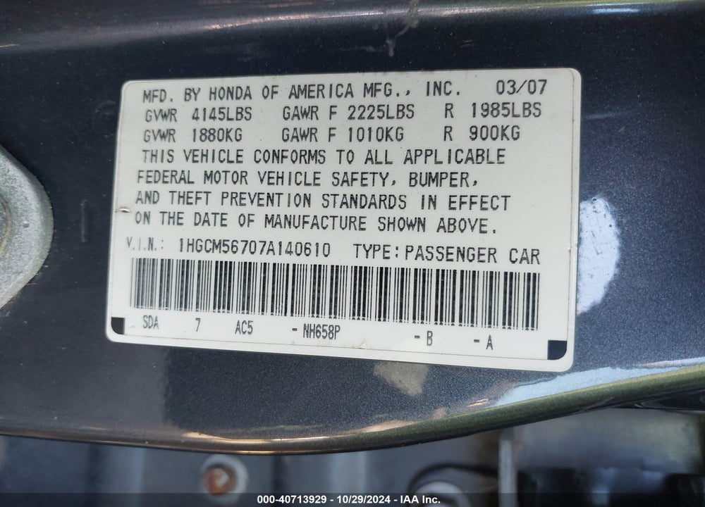 2007 HONDA ACCORD 2.4 EX VIN: 1HGCM56707A140610