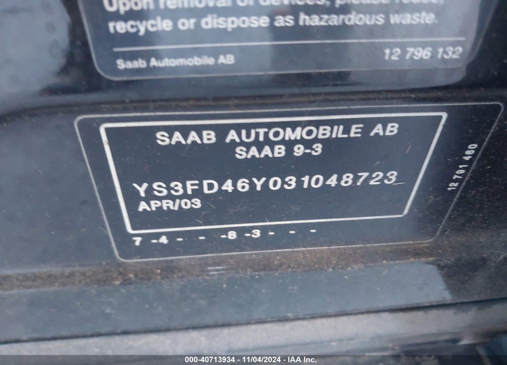 2003 SAAB 9-3 ARC VIN: YS3FD46Y031048723