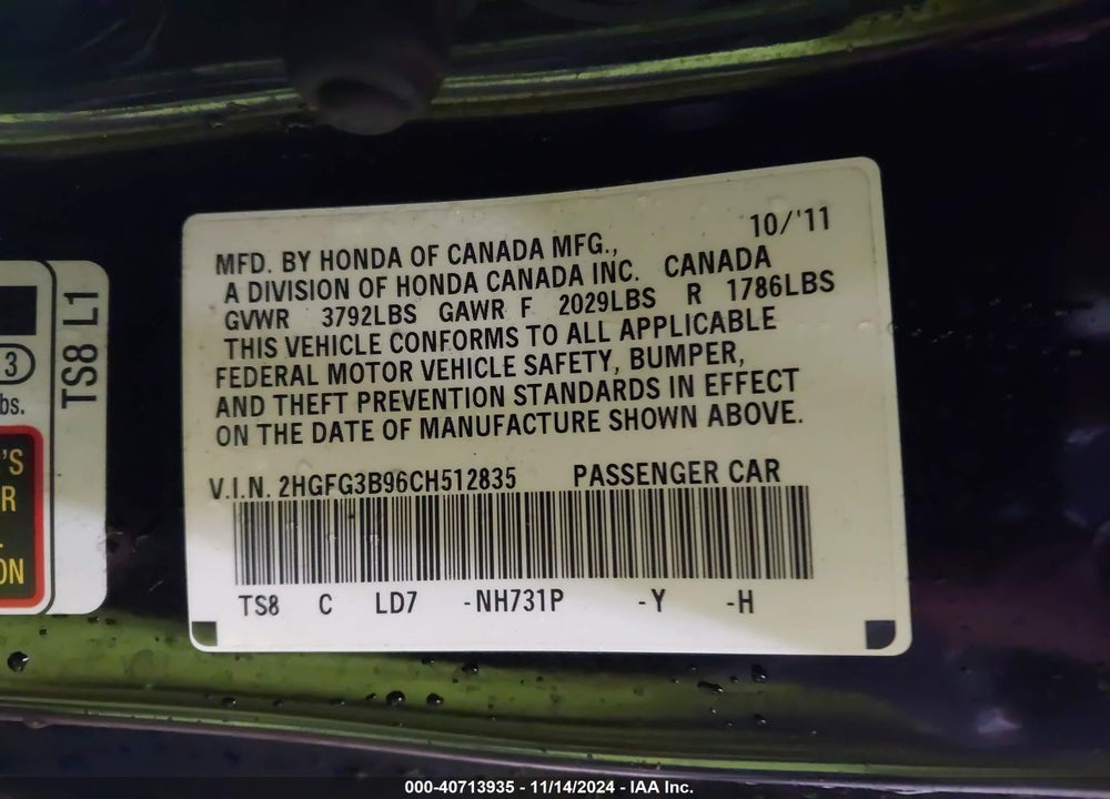 2012 HONDA CIVIC EX-L VIN: 2HGFG3B96CH512835