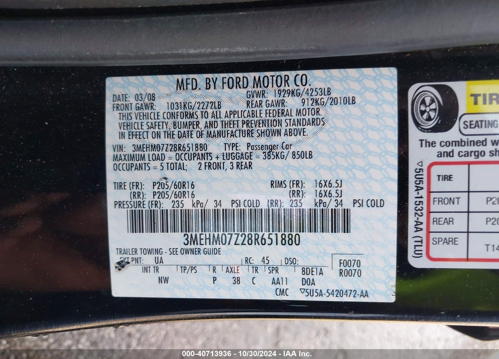 2008 MERCURY MILAN I4 VIN: 3MEHM07Z28R651880