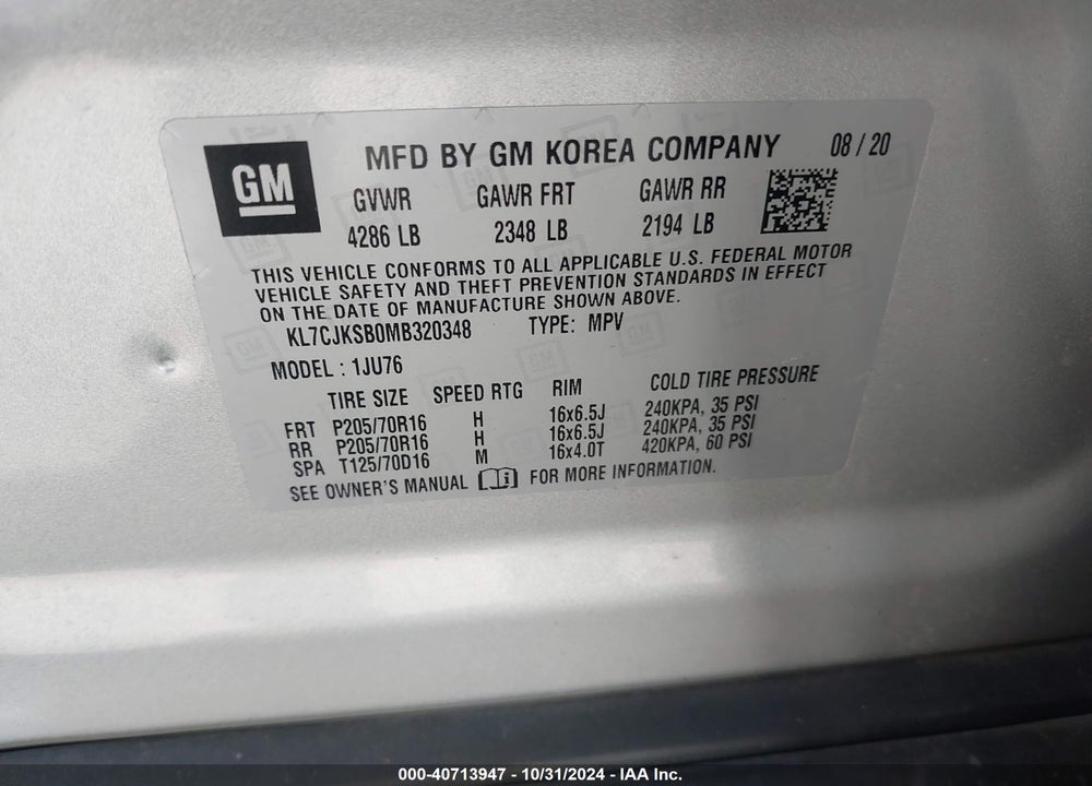 2021 CHEVROLET TRAX FWD LS VIN: KL7CJKSB0MB320348