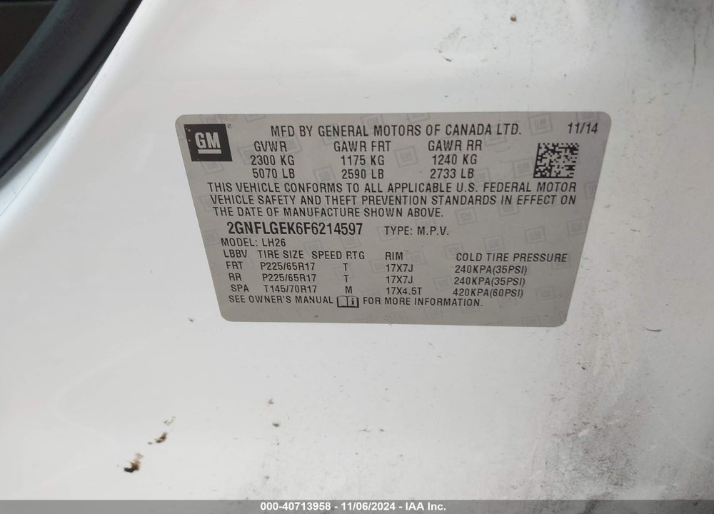 2015 CHEVROLET EQUINOX 2LT VIN: 2GNFLGEK6F6214597