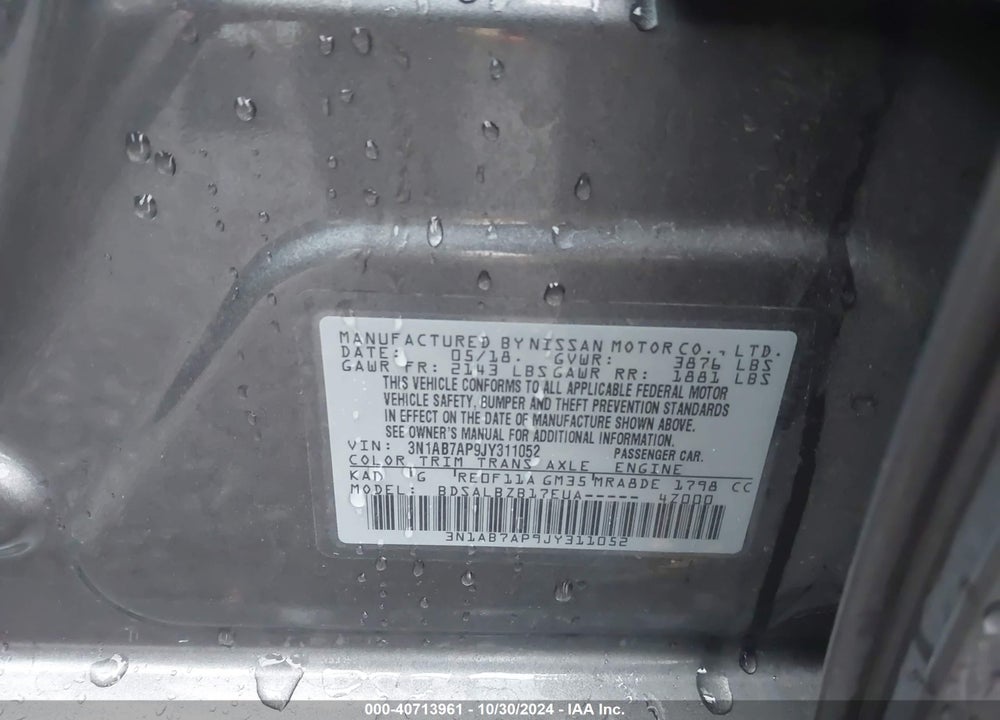 2018 NISSAN SENTRA VIN: 3N1AB7AP9JY311052