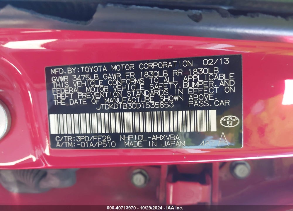 2013 TOYOTA PRIUS C TWO VIN: JTDKDTB30D1535853