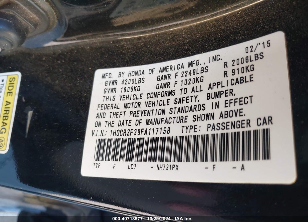 2015 HONDA ACCORD LX VIN: 1HGCR2F39FA117158