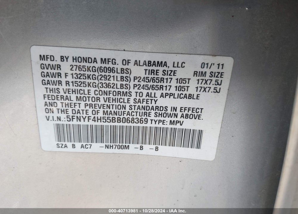 2011 HONDA PILOT EX-L VIN: 5FNYF4H55BB068369