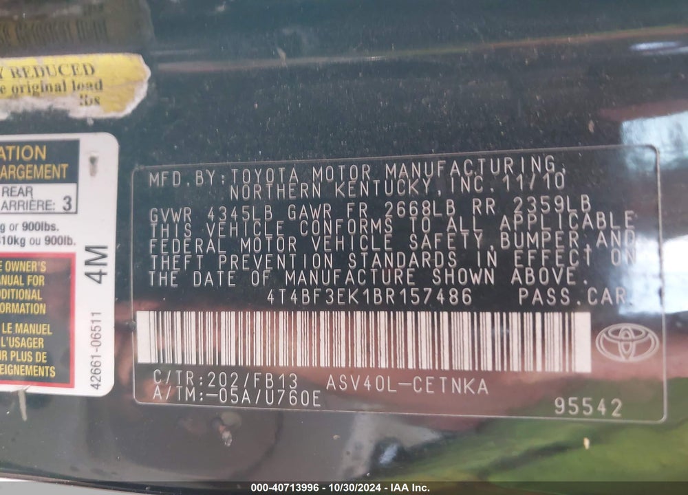 2011 TOYOTA CAMRY VIN: 4T4BF3EK1BR157486