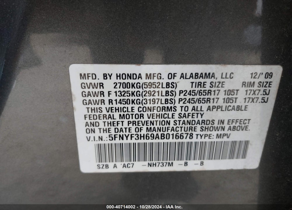 2010 HONDA PILOT EX-L VIN: 5FNYF3H69AB016678