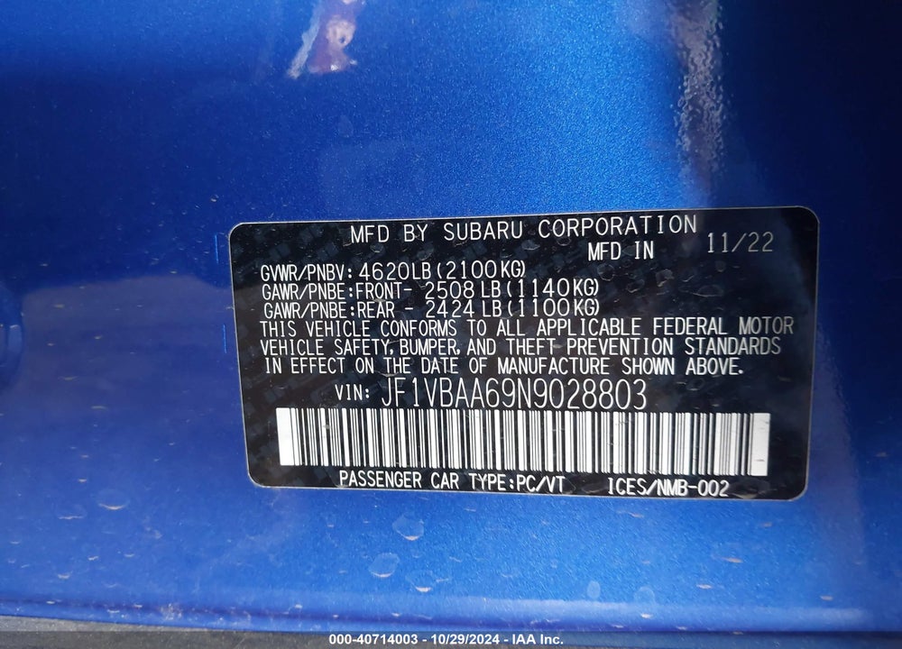 2022 SUBARU WRX VIN: JF1VBAA69N9028803