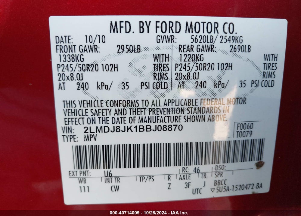 2011 LINCOLN MKX VIN: 2LMDJ8JK1BBJ08870