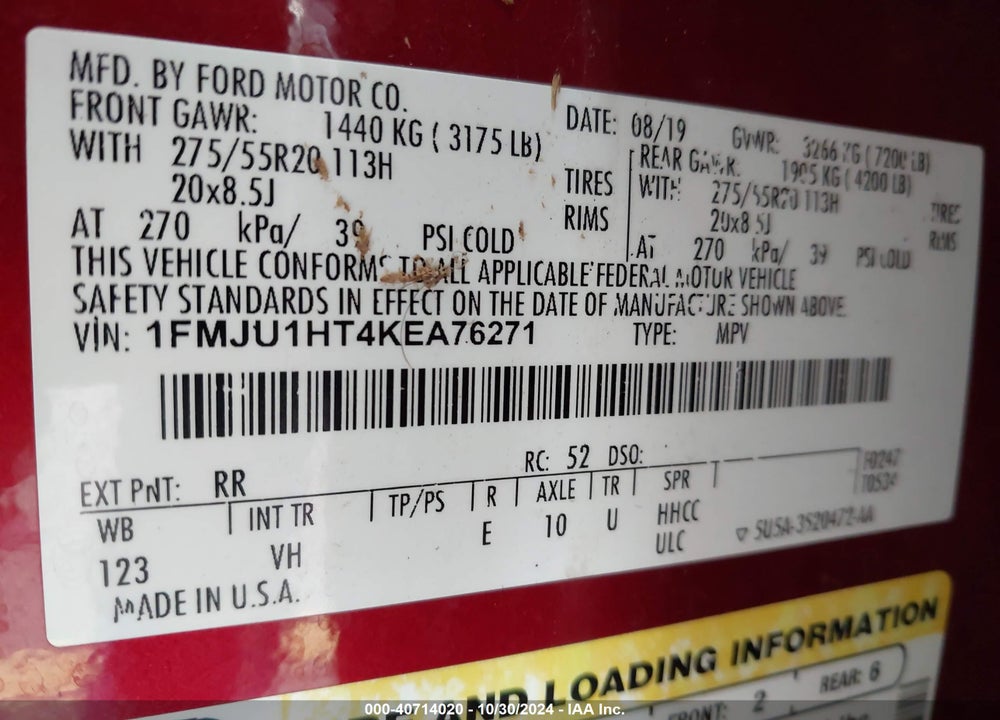 2019 FORD EXPEDITION XLT VIN: 1FMJU1HT4KEA76271