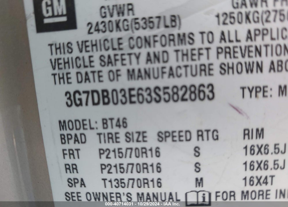 2003 PONTIAC AZTEK VIN: 3G7DB03E63S582863
