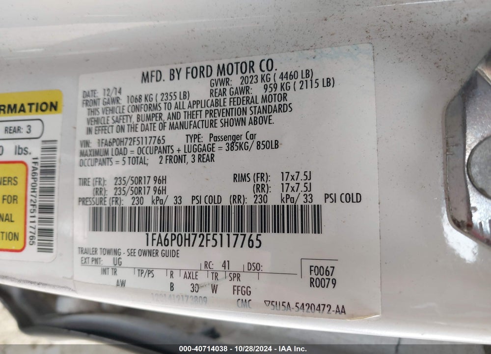 2015 FORD FUSION VIN: 1FA6POH72F5117765