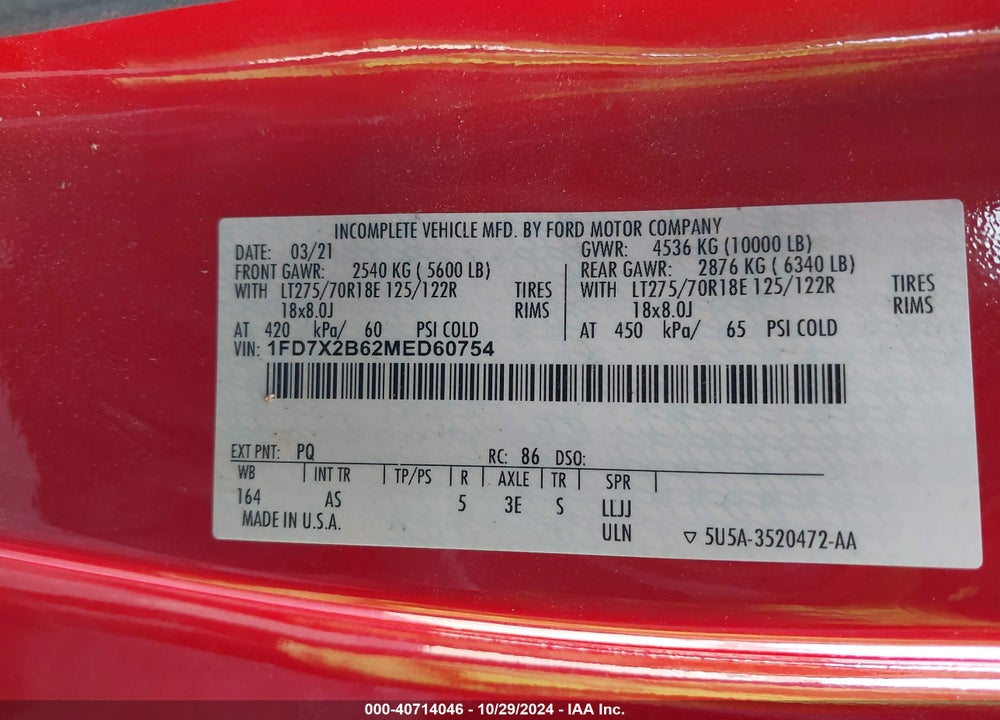 2021 FORD F-250 XL VIN: 1FD7X2B62MED60754