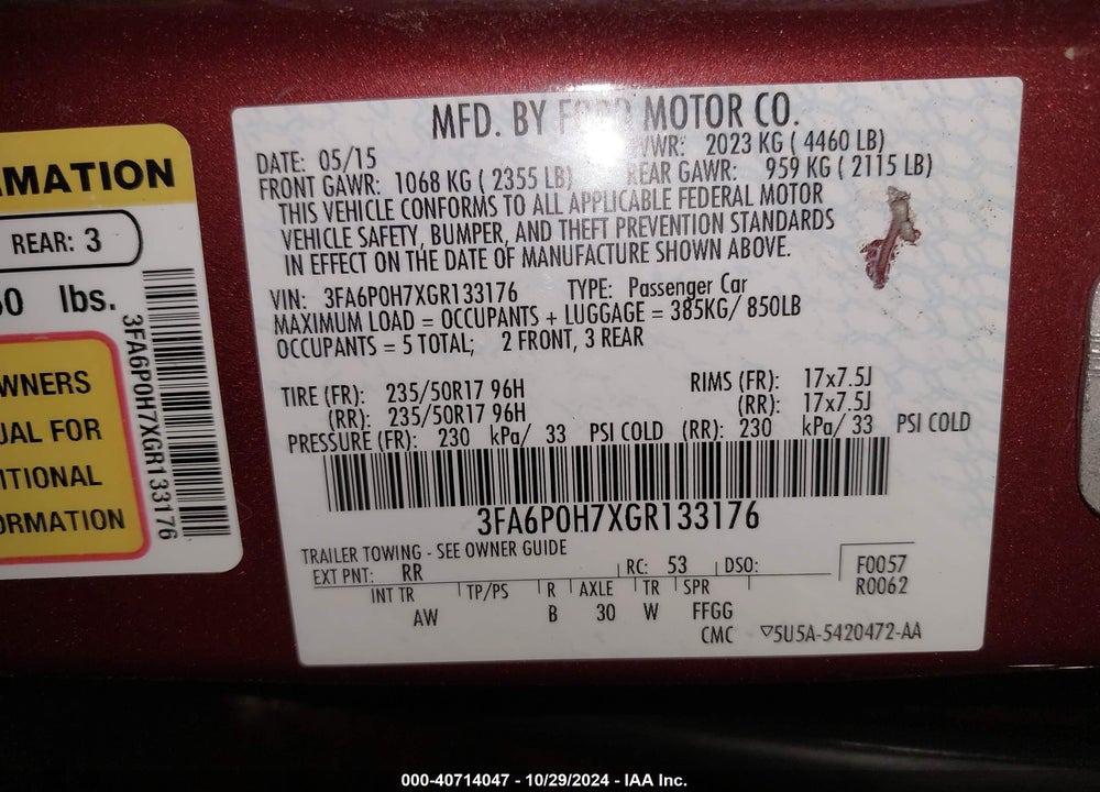 2016 FORD FUSION SE VIN: 3FA6P0H7XGR133176