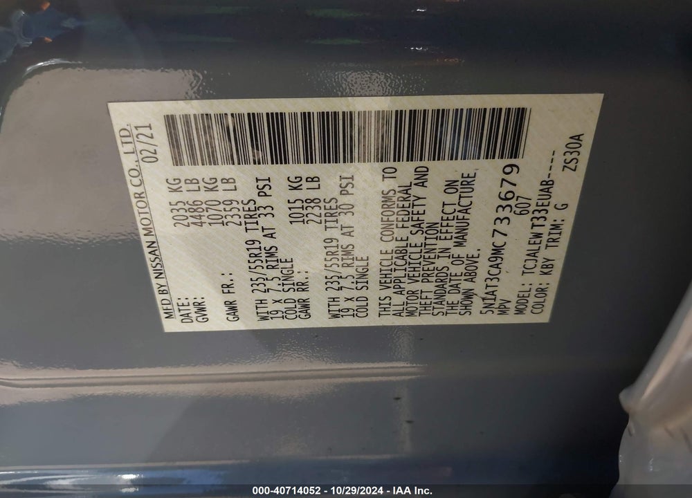 2021 NISSAN ROGUE SL FWD VIN: 5N1AT3CA9MC733679