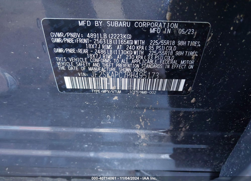 2023 SUBARU FORESTER LIMITED VIN: JF2SKAPC7PH495173