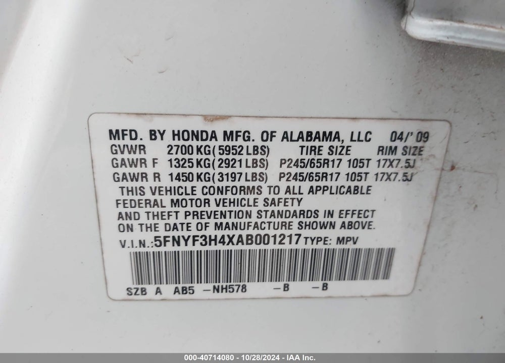 2010 HONDA PILOT EX VIN: 5FNYF3H4XAB001217