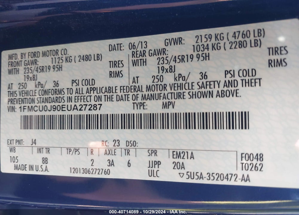 2014 FORD ESCAPE TITANIUM VIN: 1FMCU0J90EUA27287