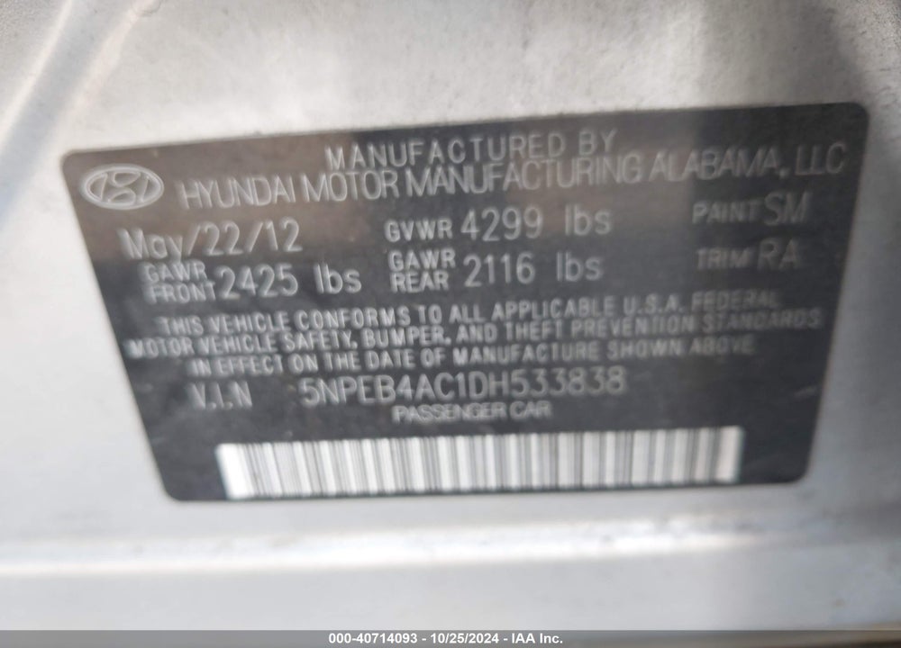 2013 HYUNDAI SONATA GLS VIN: 5NPEB4AC1DH533838