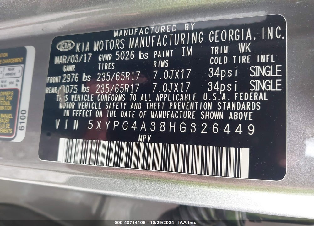 2017 KIA SORENTO 2.4L L VIN: 5XYPG4A38HG326449