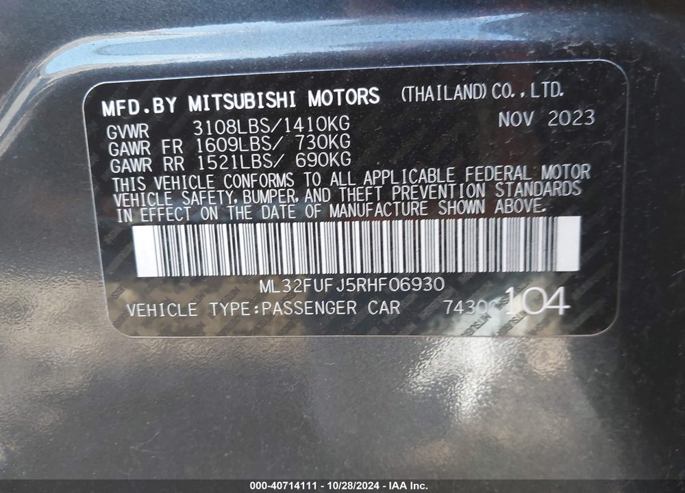 2024 MITSUBISHI MIRAGE G4 ES VIN: ML32FUFJ5RHF06930