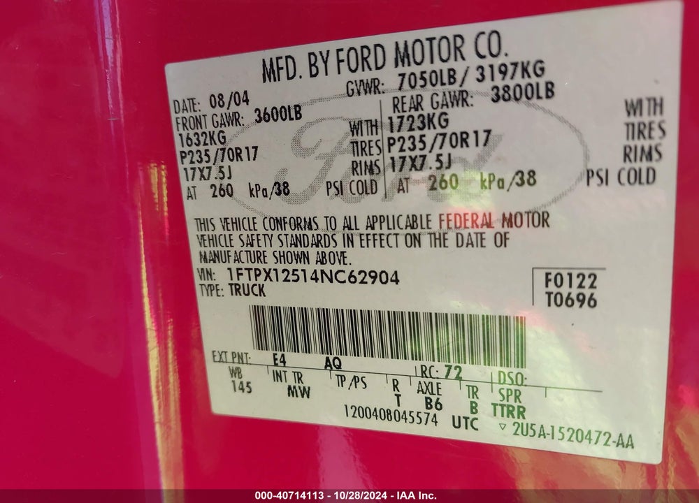 2004 FORD F-150 LARIAT/XL/XLT VIN: 1FTPX12514NC62904