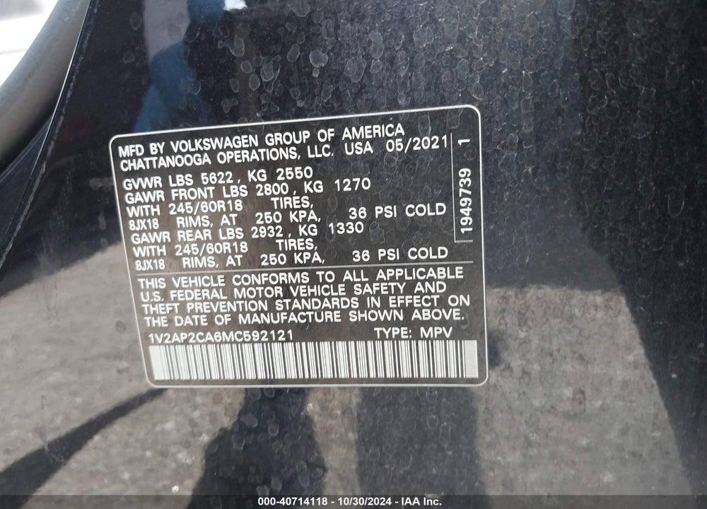 2021 VOLKSWAGEN ATLAS 2.0T S VIN: 1V2AP2CA6MC592121