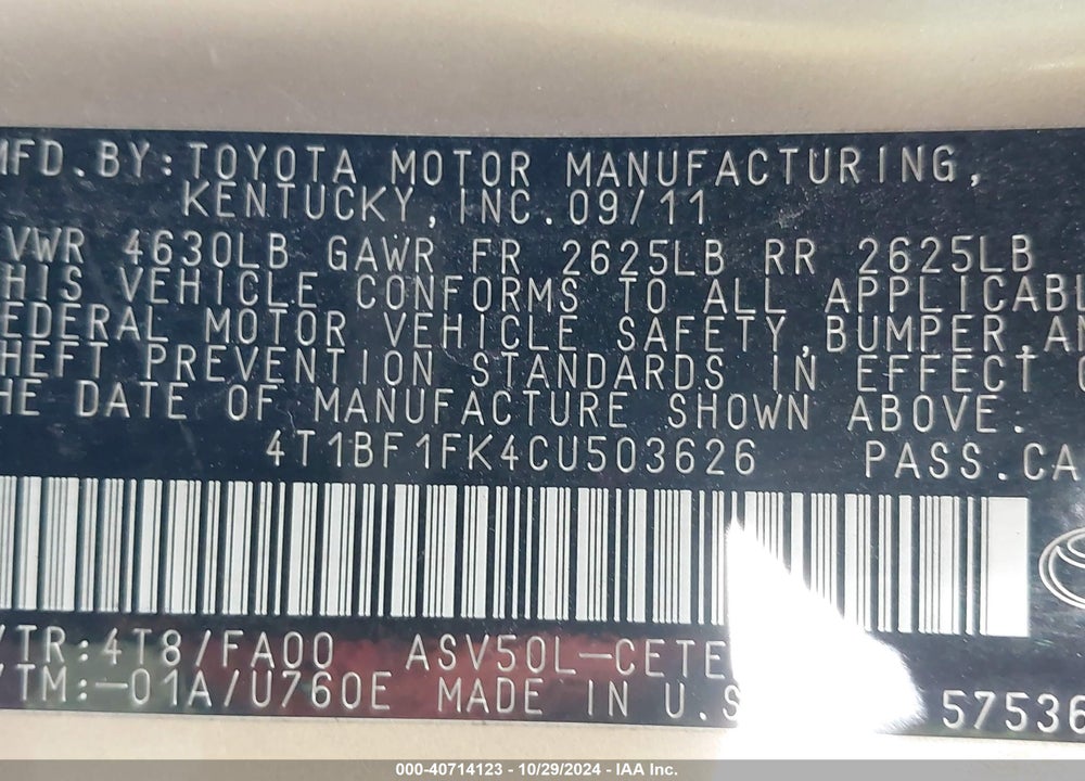 2012 TOYOTA CAMRY L VIN: 4T1BF1FK4CU503626