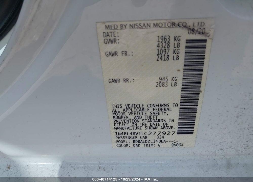 2020 NISSAN ALTIMA S FWD VIN: 1N4BL4BV1LC277927