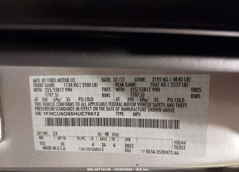 2017 FORD ESCAPE SE VIN: 1FMCU9G95HUE76612