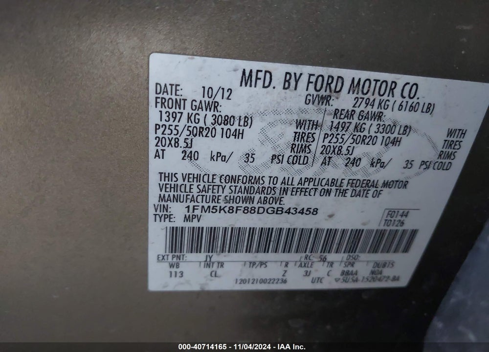 2013 FORD EXPLORER LIMITED VIN: 1FM5K8F88DGB43458