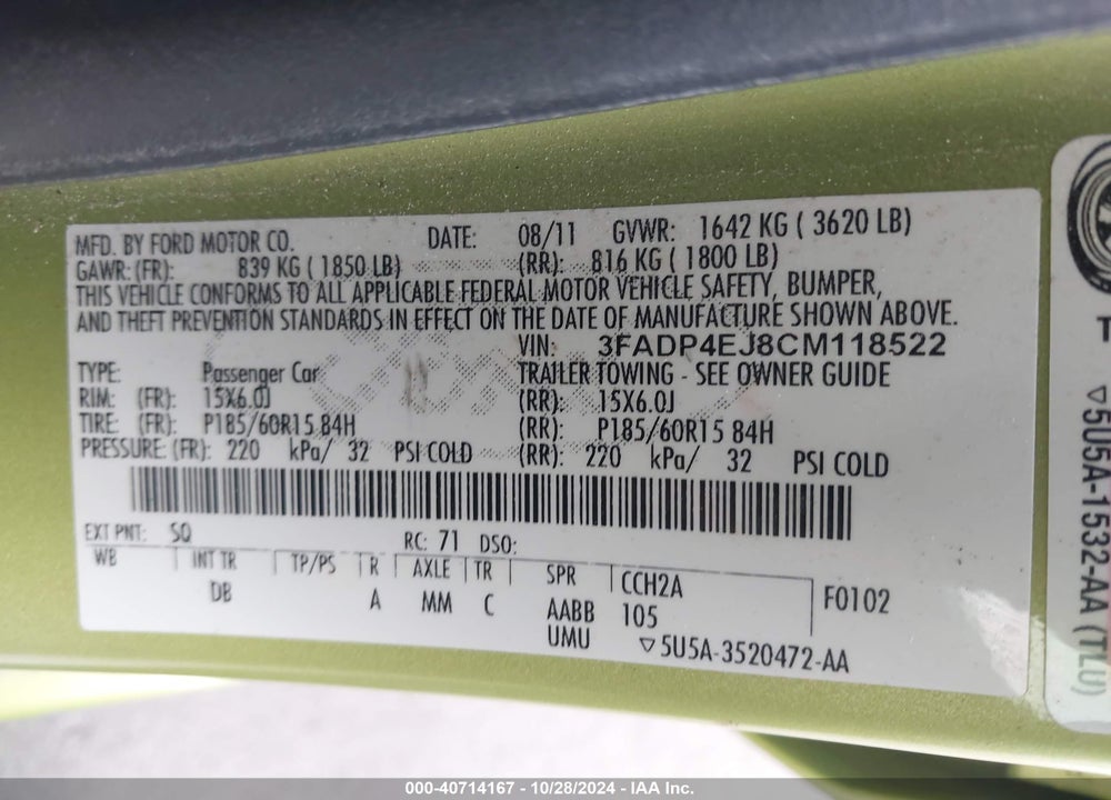2012 FORD FIESTA SE VIN: 3FADP4EJ8CM118522